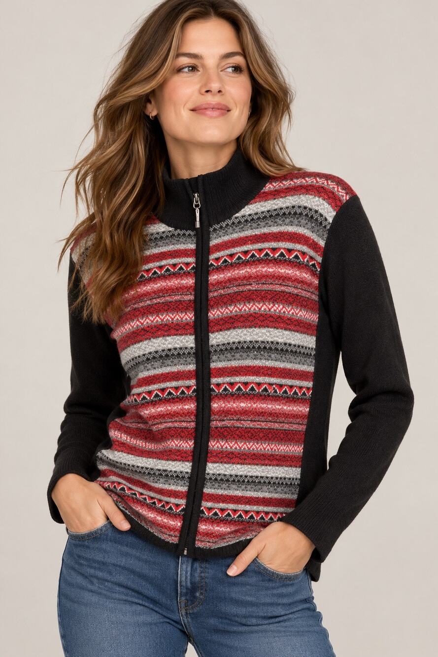 Obermeyer Striped Mock Neck Full Zip Merino Wool Cardigan Sweater – L